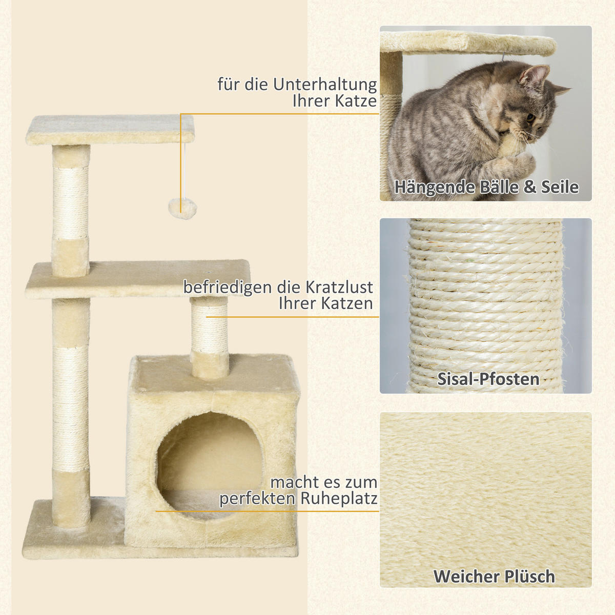 PawHut Kratzbaum beige Sisal B/H/L: ca. 50x80x30 cm Kratzbaum - beige (30,00/50,00/80,00cm) - PawHut