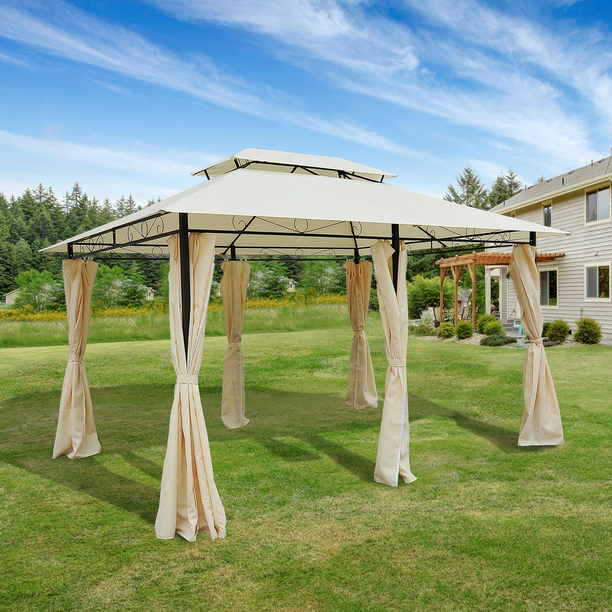 Outsunny Gartenpavillon creme Stahl B/H/L: ca. 300x265x400 cm Gartenpavillon_mit_Doppeldach - creme/schwarz (400,00/300,00/265,00cm) - Outsunny