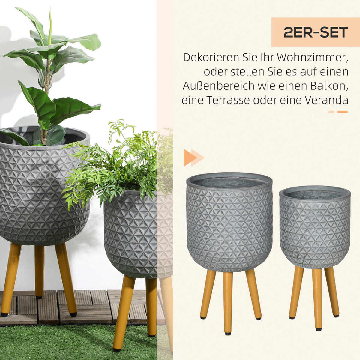 Outsunny Blumentöpfe-Set grau Polypropylen B/H/L: ca. 30x52x30 cm Blumentöpfe-Set - grau (30,00/30,00/52,00cm) - Outsunny