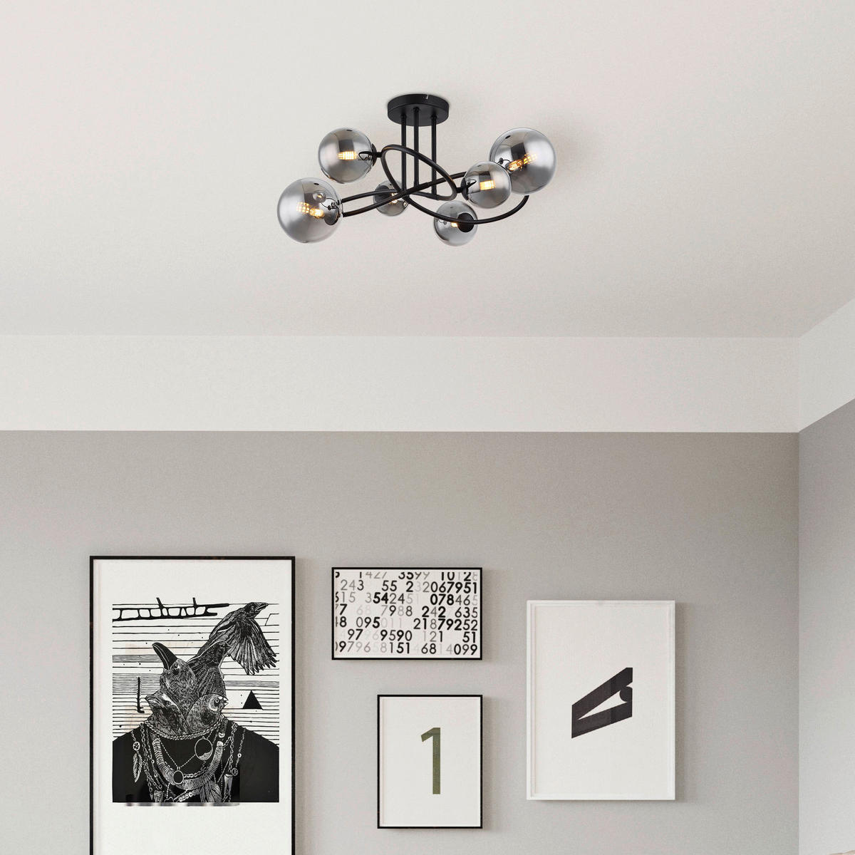 GLOBO LED-Deckenleuchte Rauch mattschwarz Glas Metall B/H/T: ca. 59x35x62 cm 6 Brennstellen RIHA - Rauch/mattschwarz (59,00/35,00/62,00cm) - GLOBO