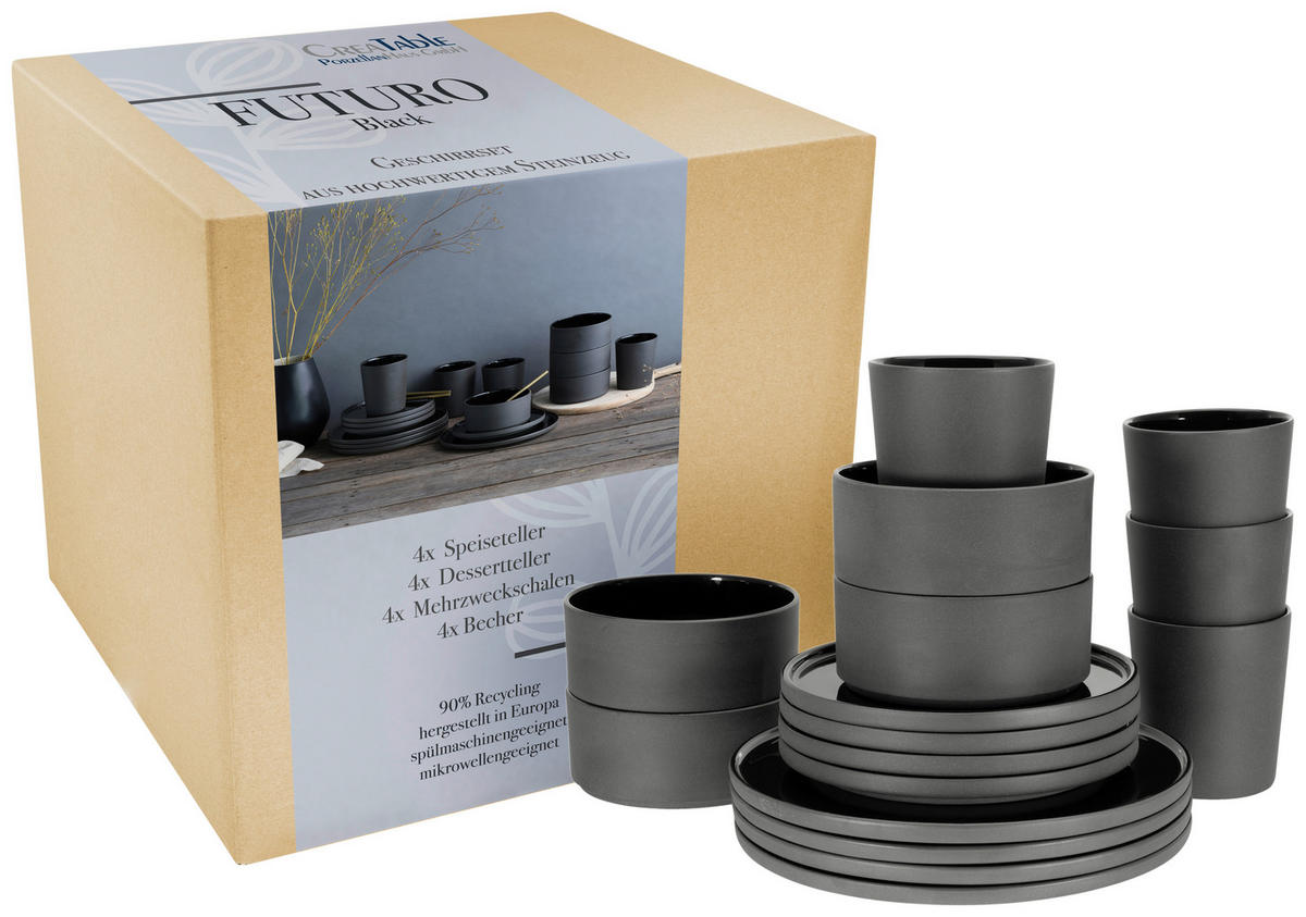 CreaTable Kombiservice Futuro schwarz Steinzeug 16 tlg. Futuro - schwarz - CreaTable