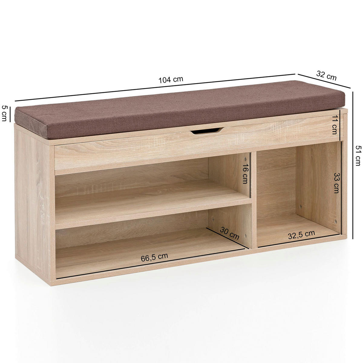 Schuhbank Eiche Sonoma Nachbildung braun B/H/T: ca. 104x51x32 cm Schuhbank - braun/Eiche (104,00/51,00/32,00cm) - Wohnling