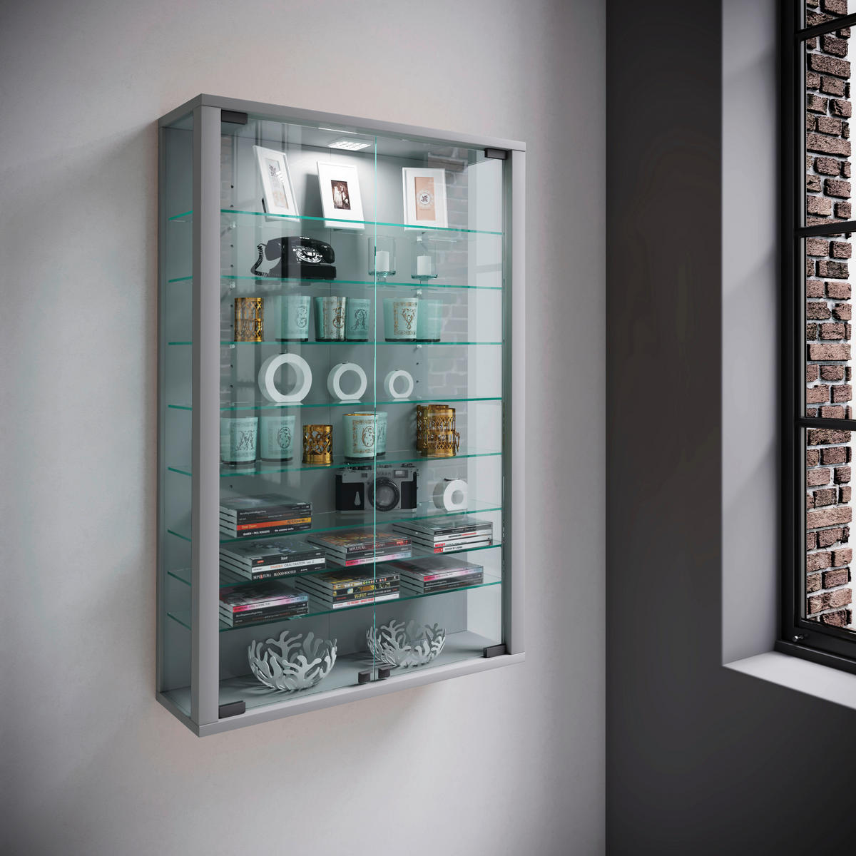 Vitrine Vitrosa Mini silber Holzwerkstoff Glas B/H/T: ca. 59x90x18 cm Vitrosa Mini - silber (59,00/90,00/18,00cm) - VCM Möbel