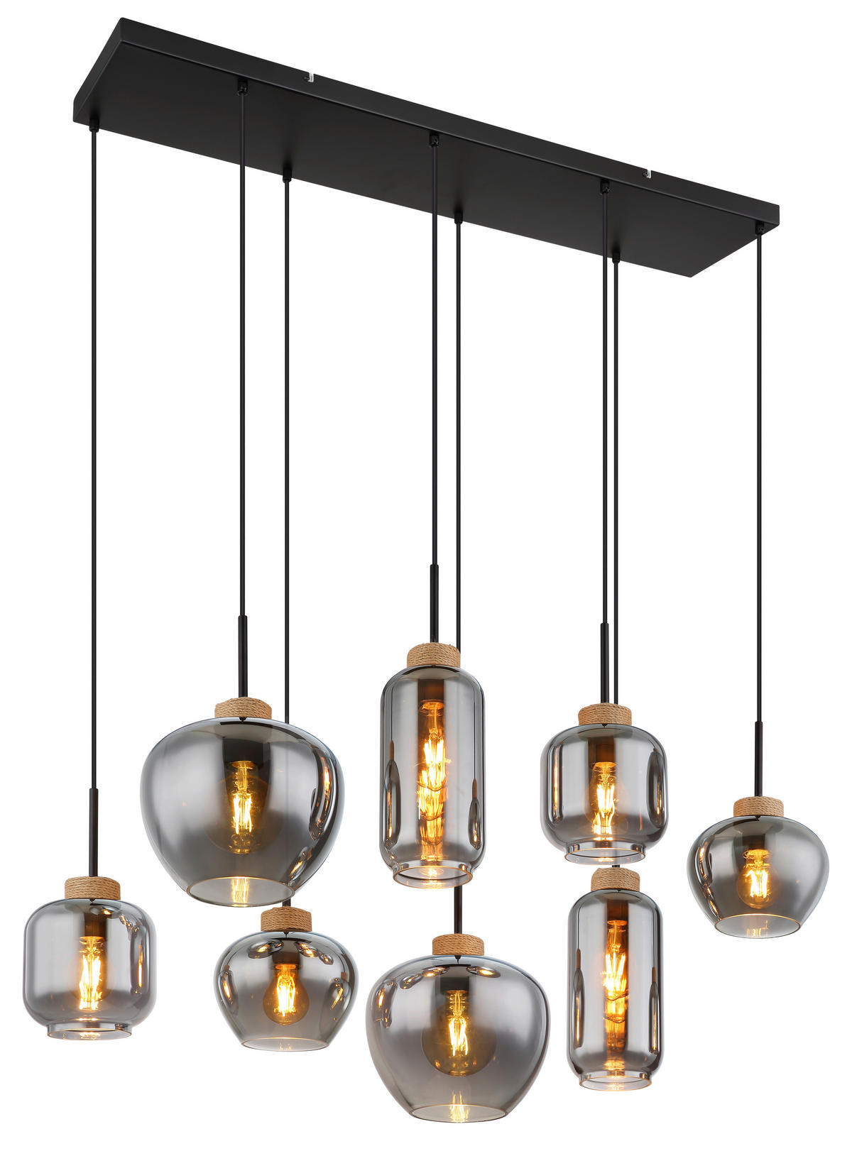 GLOBO Pendelleuchte schwarz natur Metall Hanfseil B/H/T: ca. 40x120x105 cm E27 8 Brennstellen MATT - natur/schwarz (40,00/120,00/105,00cm) - GLOBO