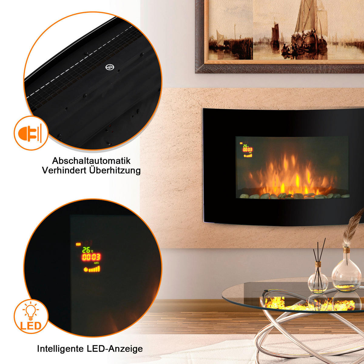 HOMCOM Elektrischer-Kamin 820-053 schwarz Metall Glas B/H/T: ca. 65x52x11,5 cm ca. 1800 W Elektrokamin 820-053 - schwarz (65,00/52,00/11,50cm) - HOMCOM
