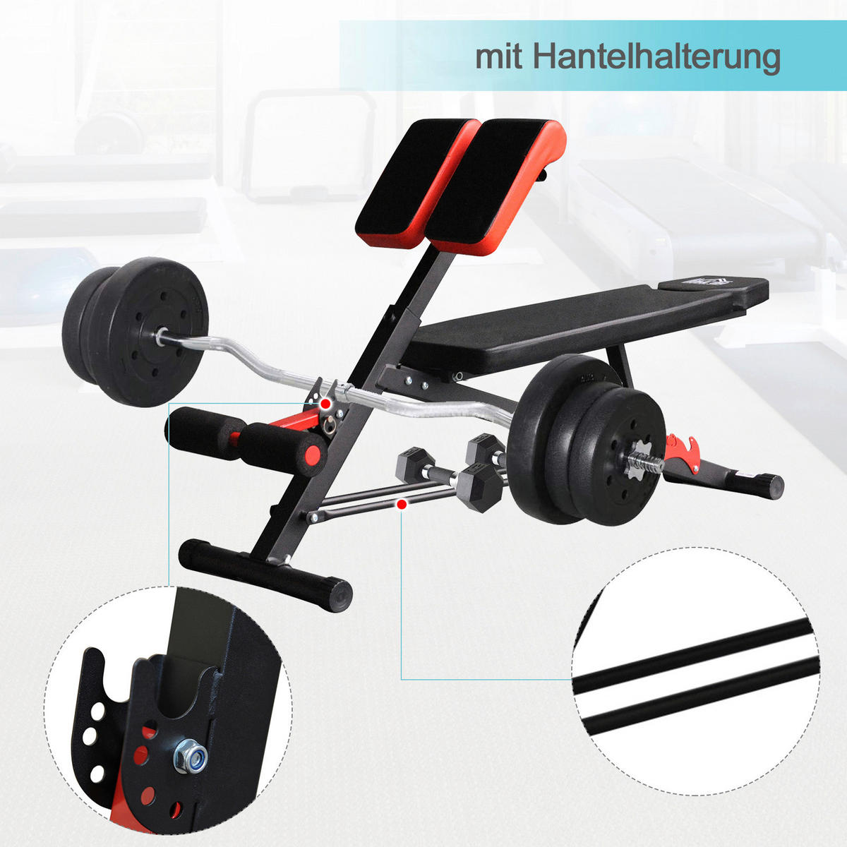 HOMCOM Trainingsbank schwarz Edelstahl B/H/T: ca. 64x85x146 cm Multifunktionale_Trainingsbank - rot/schwarz (64,00/85,00/146,00cm) - HOMCOM