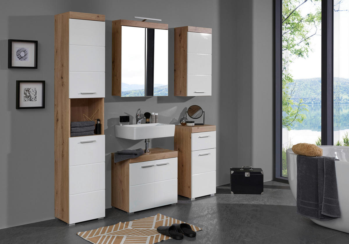Waschbeckenunterschrank Amanda weiß Hochglanz Asteiche Nachbildung B/H/T: ca. 60x56x34 cm Amanda - weiß (60,00/56,00/34,00cm) - Trendteam