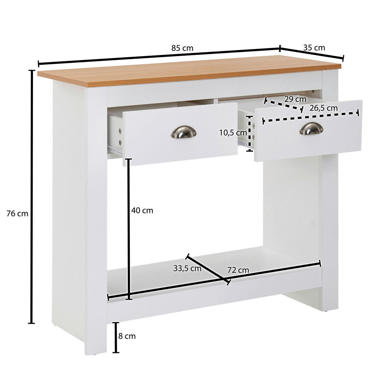 Konsolentisch natur beschichtet weiß beschichtet Holzwerkstoff Holzwerkstoff Aluminium B/H/T: ca. 85x76x35 cm Konsolentsich - weiß/natur (85,00/76,00/35,00cm) - Wohnling