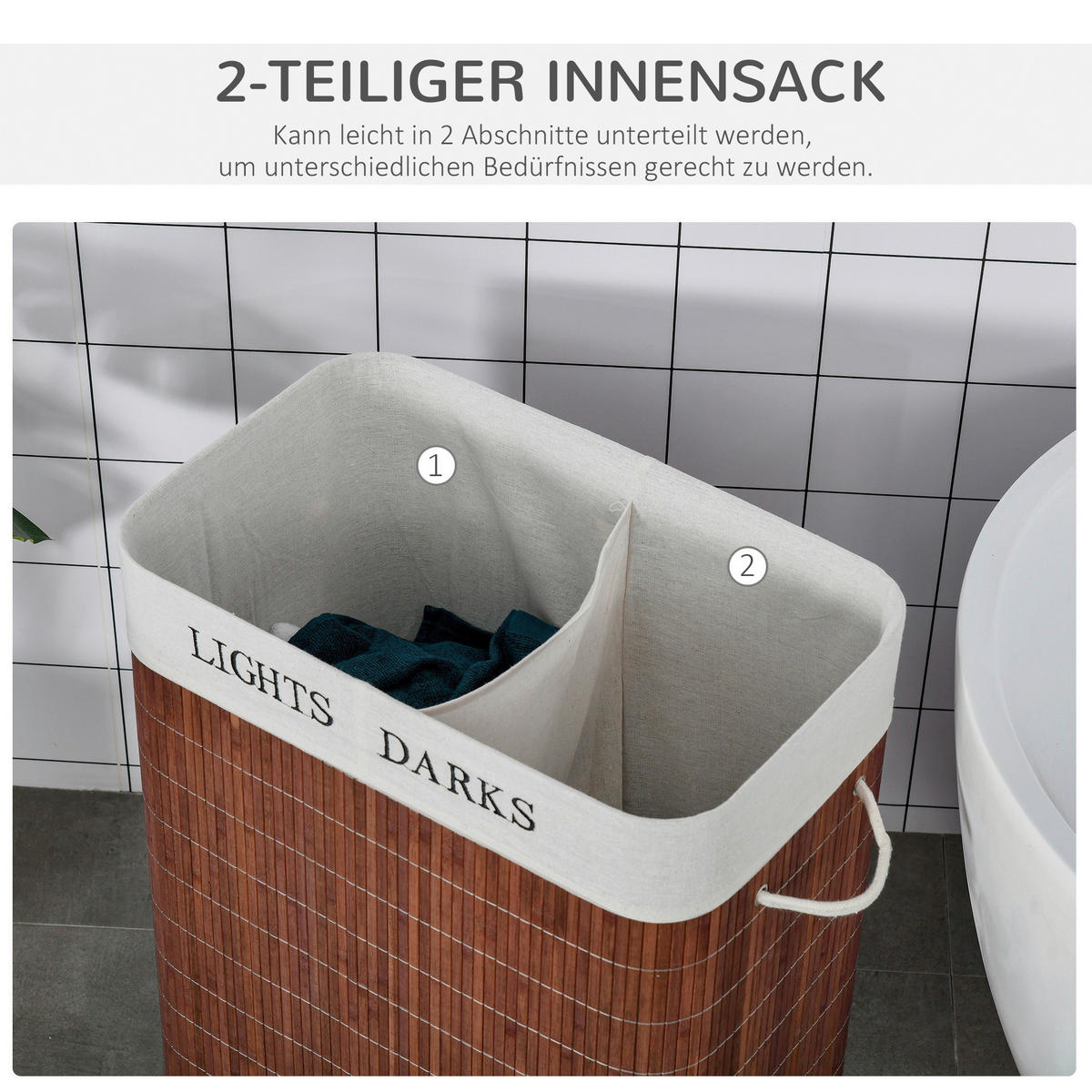 HOMCOM Wäschekorb weiß B/H/L: ca. 32x52x63 cm Wäschekorb - braun/weiß (63,00/32,00/52,00cm) - HOMCOM