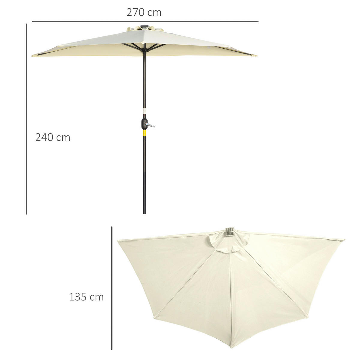 Outsunny Halbrunder Regenschirm beige Eisen B/H/L: ca. 135x240x270 cm Sonnenschirm_Halbrunder - beige (270,00/135,00/240,00cm) - Outsunny