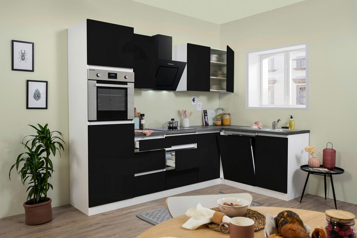 Respekta Küchenblock Premium schwarz hochglänzend B/H/T: ca. 280x220,5x172 cm Premium - weiß/granit (280,00/220,50/172,00cm) - Respekta