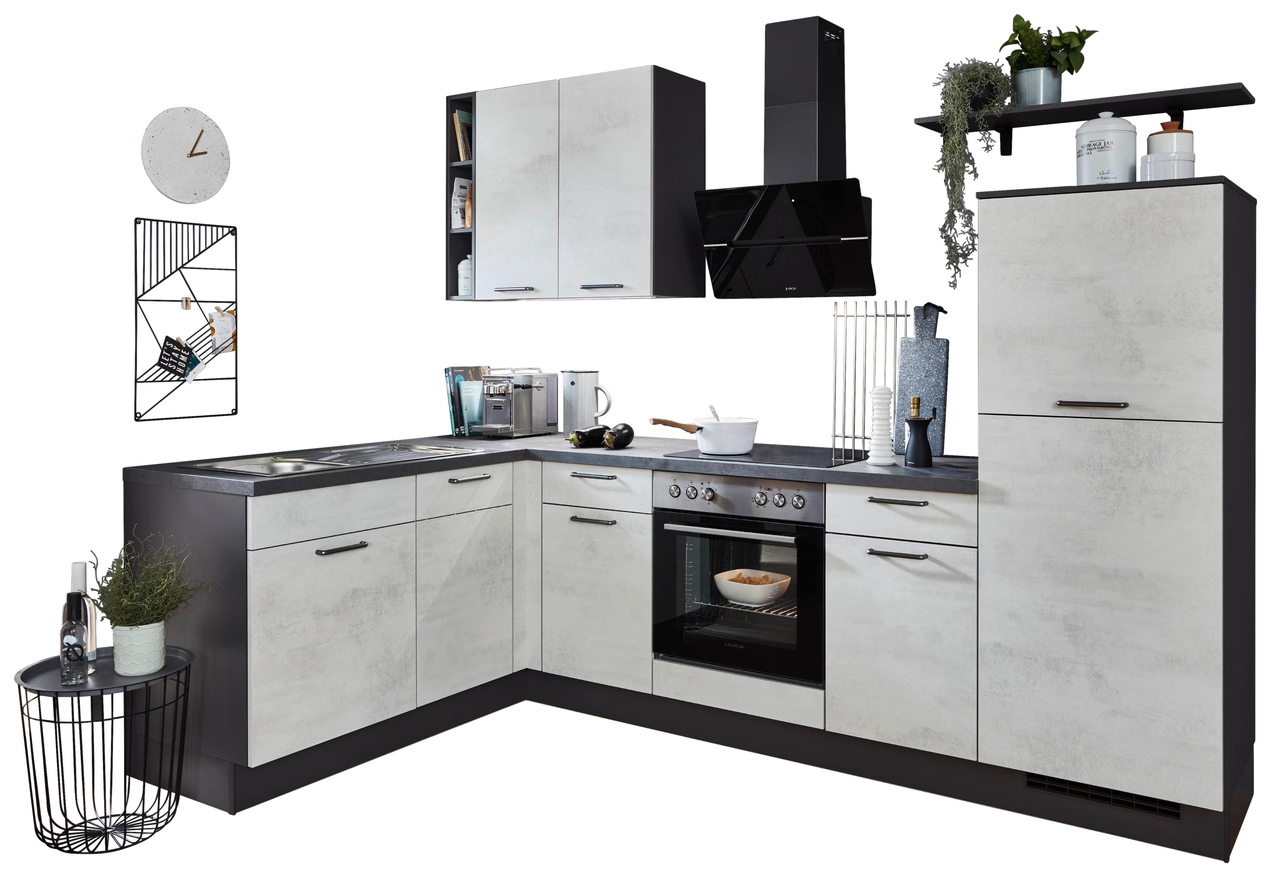 nobilia Winkelküche Riva Weißbeton Nachbildung B/T/L: ca. 275x60x175 cm Riva - schwarz/Weißbeton (275,00/175,00cm) - nobilia