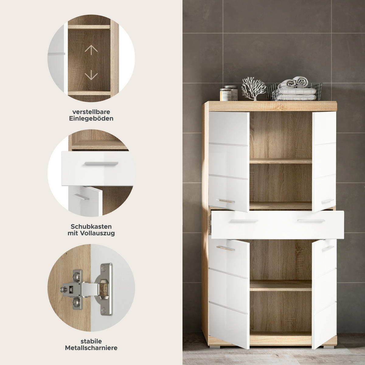 Midischrank Lambada Eiche Sonoma Nachbildung weiß Hochglanz B/H/T: ca. 74x141x31 cm Lambada - Eiche/weiß (74,00/141,00/31,00cm) - xonox.home