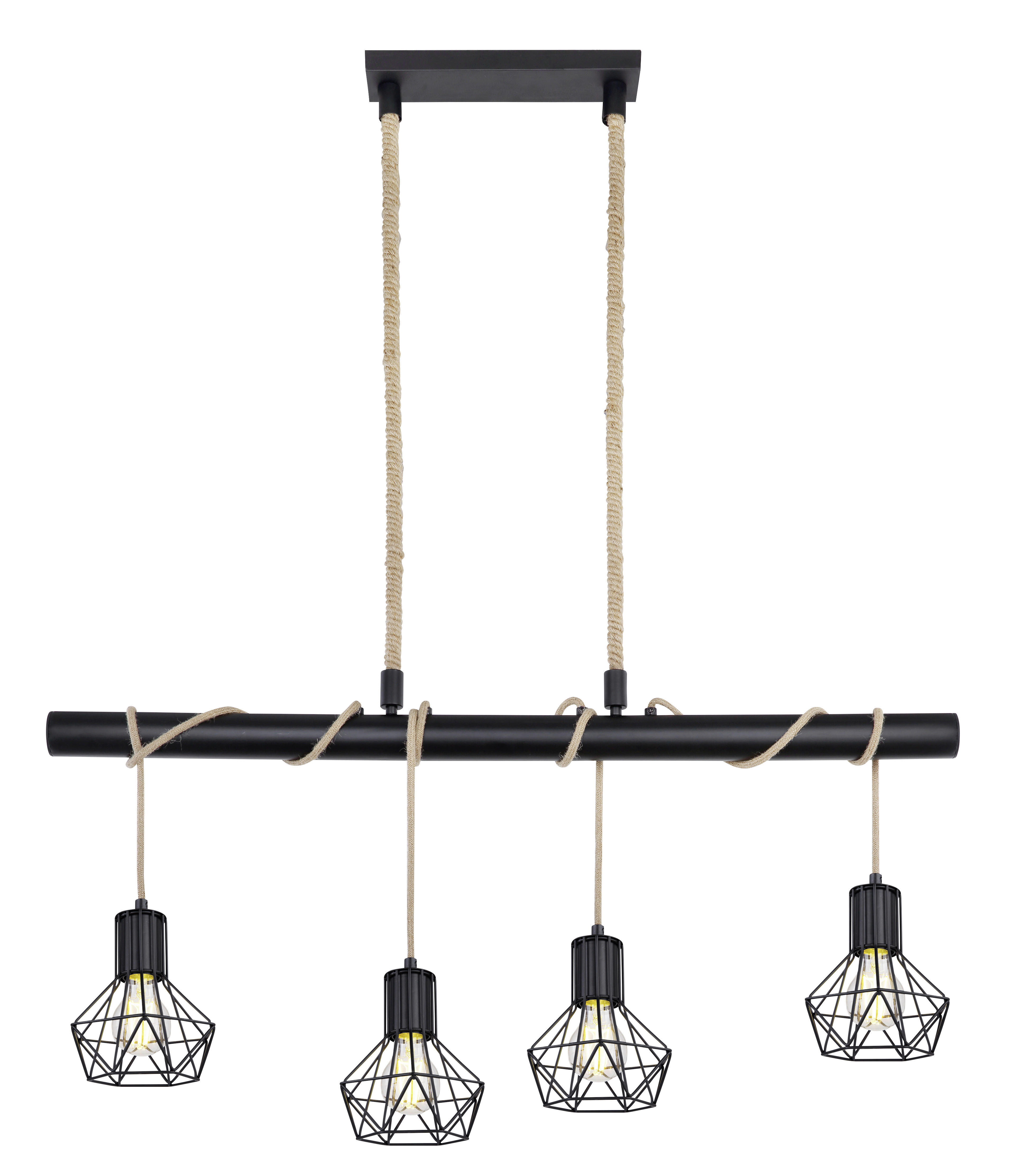 GLOBO Pendelleuchte PRISKA 54017-4H schwarz Metall Hanfseil B/H/T: ca. 100x120x15 cm PRISKA - schwarz (100,00/120,00/15,00cm) - GLOBO