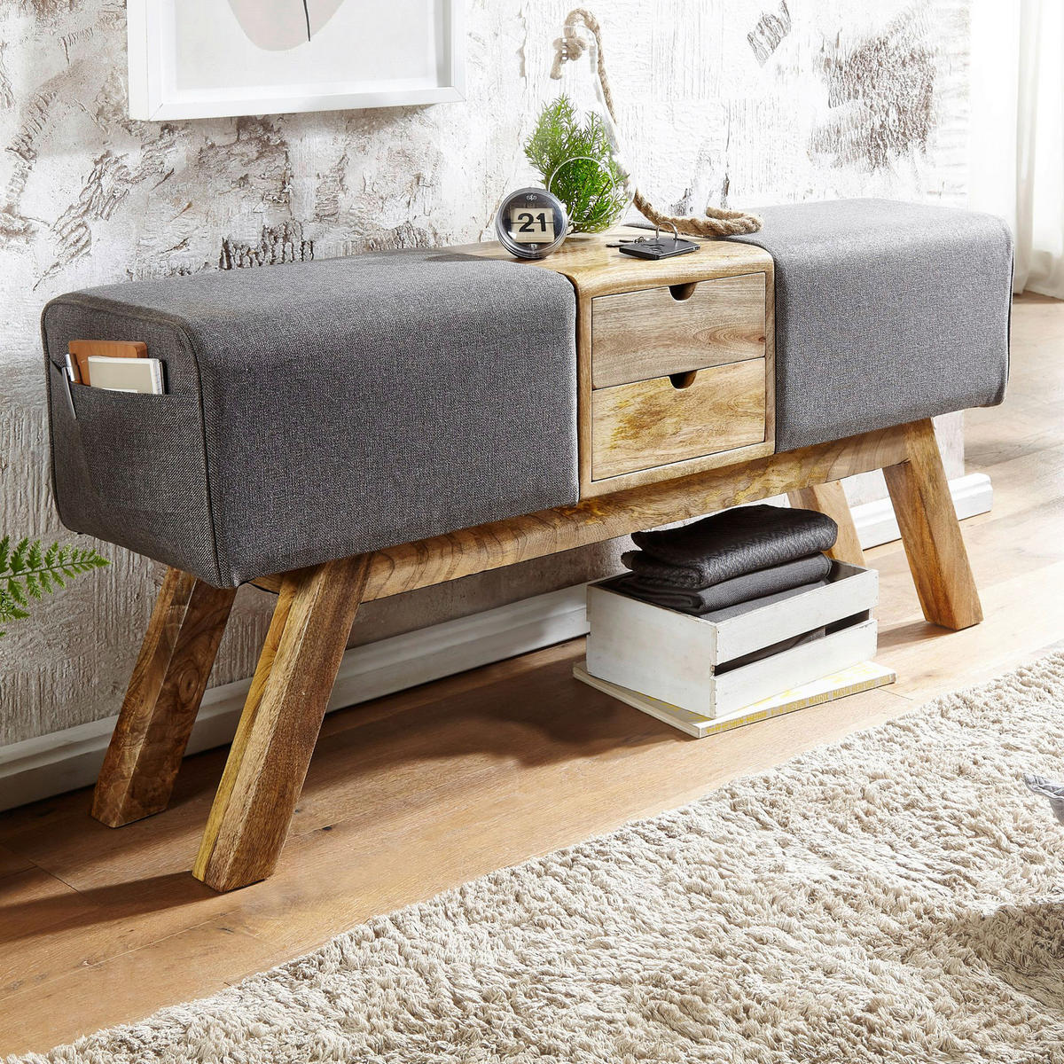 Wohnling Sitzbank grau natur Stoff Echtholz B/H/T: ca. 120x56x30 cm Sitzbank - natur/grau (120,00/56,00/30,00cm) - Wohnling