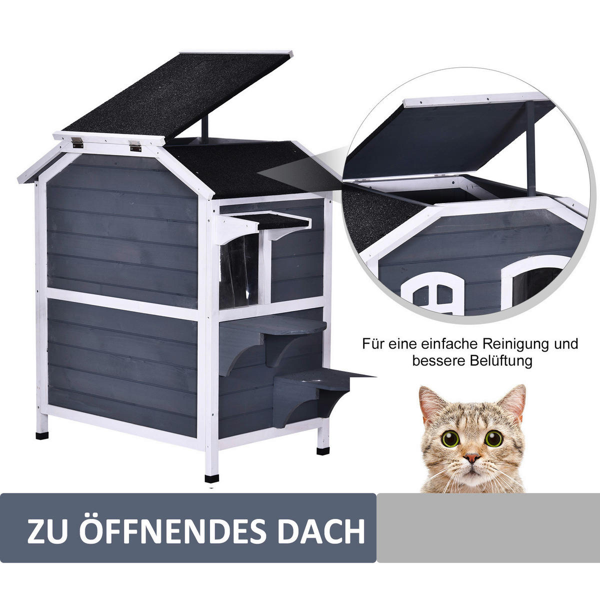 PawHut Katzenhaus grau Holz B/H/L: ca. 56x91x78 cm Katzenhaus - weiß/grau (78,00/56,00/91,00cm) - PawHut