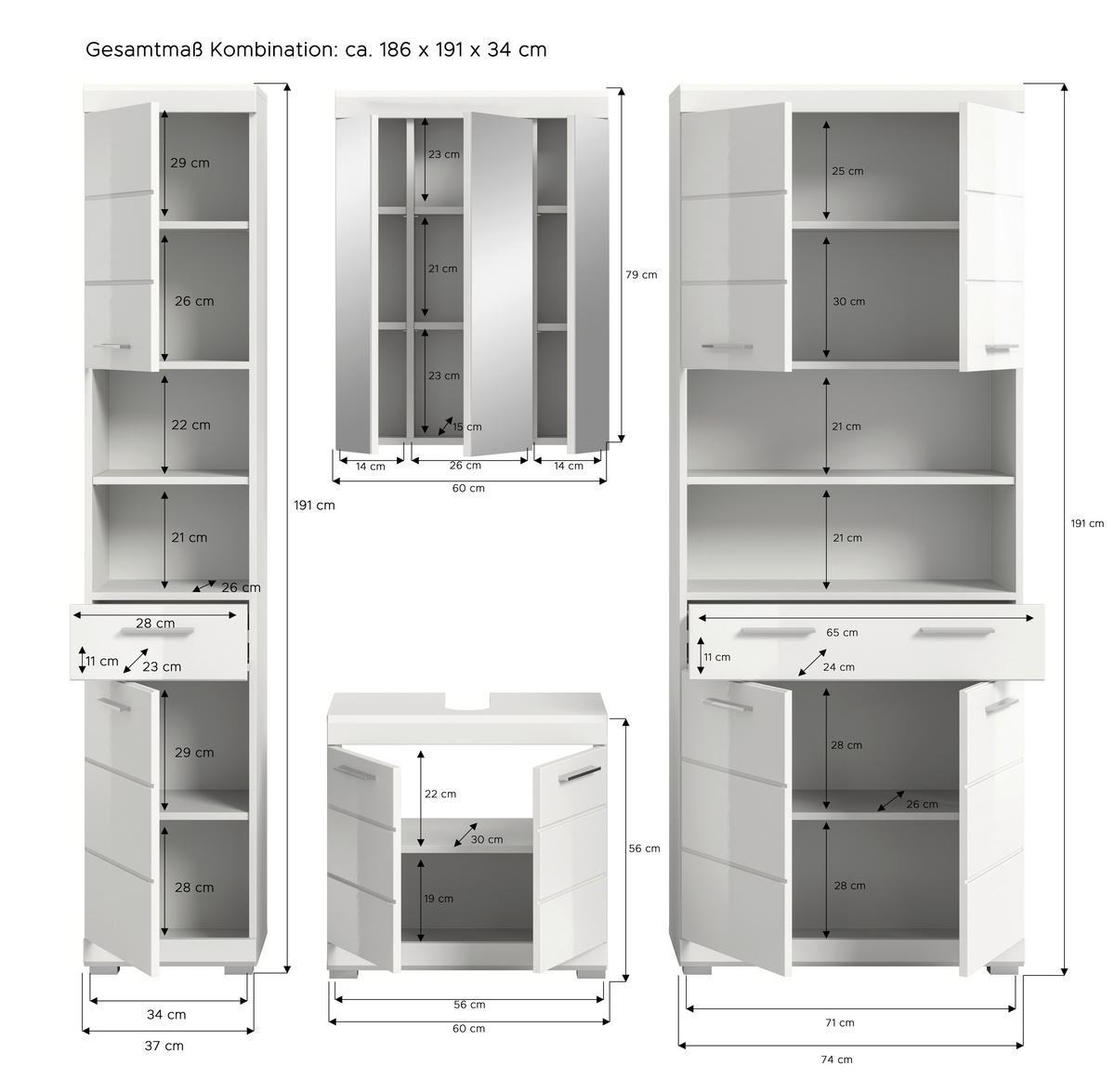Badezimmer-Set Scout weiß weiß Hochglanz B/H/T: ca. 186x191x34 cm Scout - weiß (186,00/191,00/34,00cm) - xonox.home