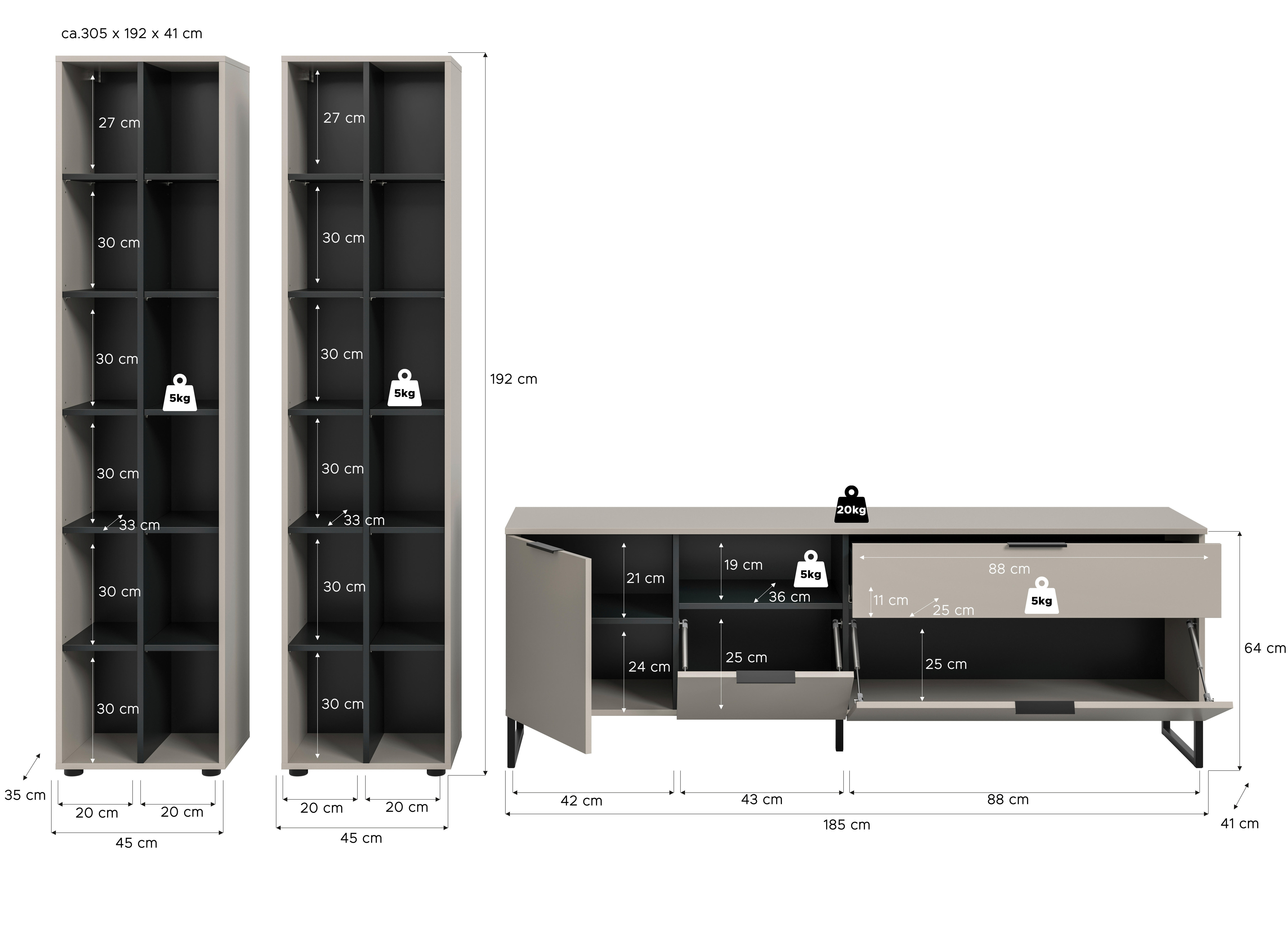 Wohnwand Noida Kaschmirgrau Nachbildung schwarz B/H/T: ca. 305x192x41 cm Noida - schwarz (305,00/192,00/41,00cm) - xonox.home