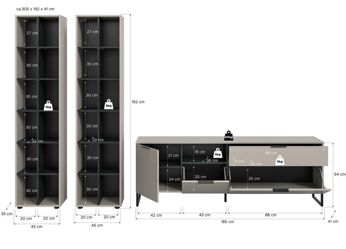 Wohnwand Noida Kaschmirgrau Nachbildung schwarz B/H/T: ca. 305x192x41 cm Noida - schwarz (305,00/192,00/41,00cm) - xonox.home