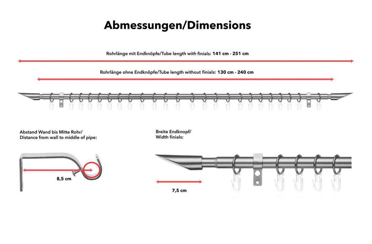 Gardinenstange Lipstick Edelstahloptik Metall D: ca. 2 cm ausziehbar von ca. 130 bis 240 cm 1.0 Läufe Lipstick - Edelstahloptik (2,00cm) - LICHTBLICK