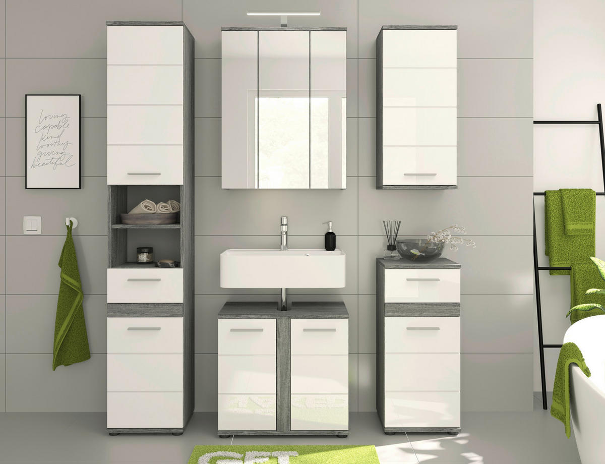 Badezimmer-Set BLAKE Rauchsilber Nachbildung weiß Hochglanz B/H/T: ca. 164x191x34 cm BLAKE - weiß (164,00/191,00/34,00cm) - xonox.home
