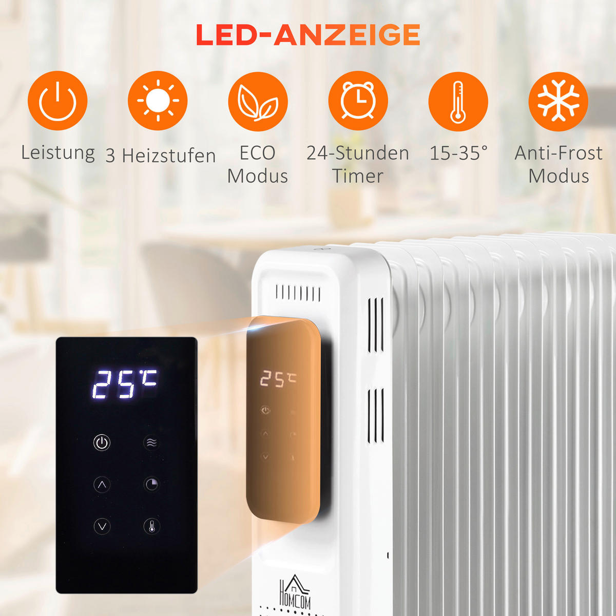 HOMCOM Ölradiator 820-261V90 weiß Edelstahl Kunststoff Polypropylen B/H/L: ca. 24x42,5x63 cm ca. 2180 W Ölradiator - weiß (63,00/24,00/42,50cm) - HOMCOM