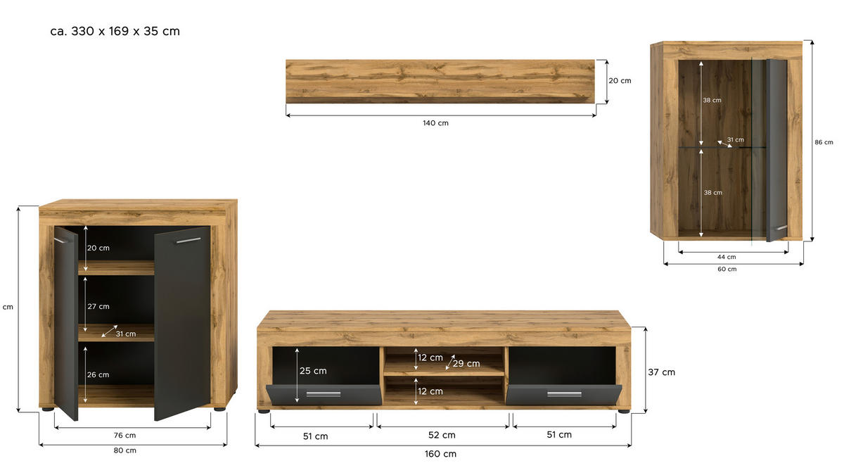 Wohnwand Jam Eiche Wotan Nachbildung grau B/H/T: ca. 330x169x35 cm Jam - Eiche/grau (330,00/169,00/35,00cm) - xonox.home