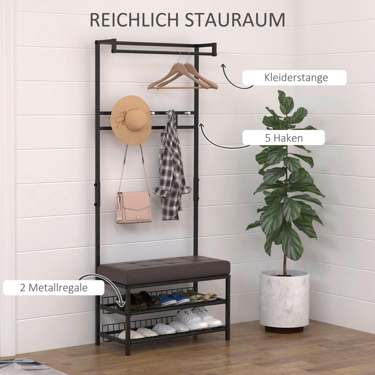 HOMCOM Garderobe schwarz Polypropylen B/H/L: ca. 35x725x180 cm Garderobenmodul - braun/schwarz (180,00/35,00/725,00cm) - HOMCOM