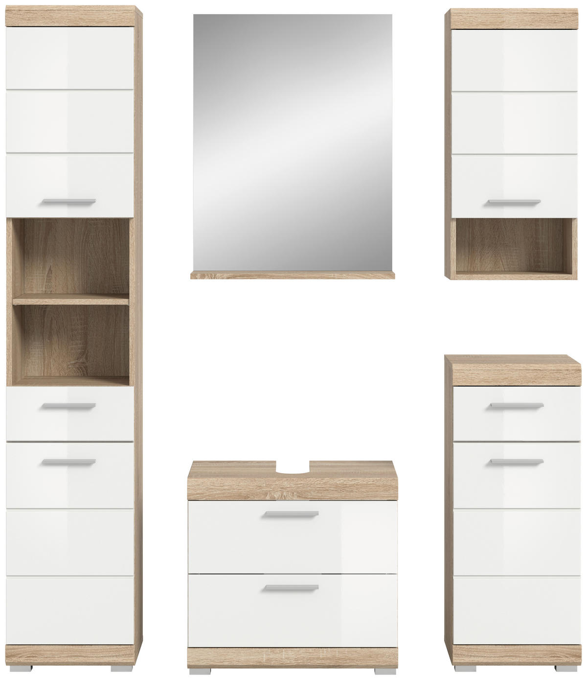 Badezimmer-Set Lambada Eiche Sonoma Nachbildung weiß Hochglanz B/H/T: ca. 164x191x37 cm Lambada - Eiche/weiß (164,00/191,00/37,00cm) - xonox.home