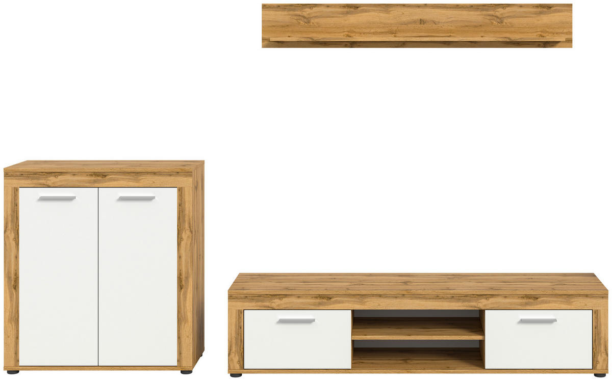 Wohnwand Jam Eiche Wotan Nachbildung weiß B/H/T: ca. 255x159x35 cm Jam - Eiche/weiß (255,00/159,00/35,00cm) - xonox.home