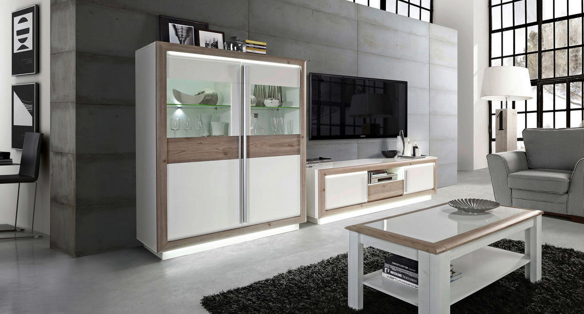 Couchtisch  weiß Hochglanz Eiche Nelson Nachbildung B/H/T: ca. 110x45x60 cm Canne_Couchtisch CQNT12-C141 - Eiche/weiß (110,00/45,00/60,00cm)