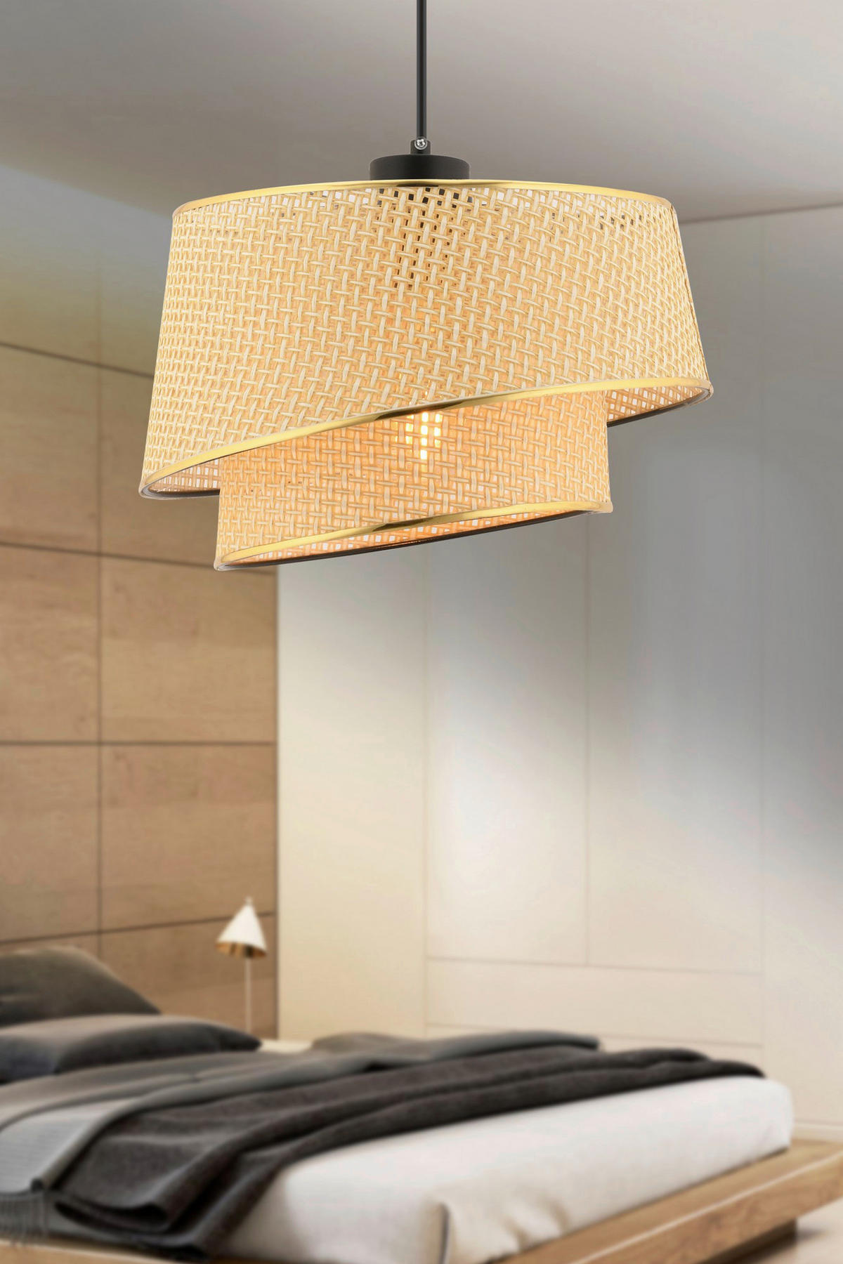 Opviq Pendelleuchte kamel gold Stoff Metall B/H/L: ca. 32x65x32 cm E27 1 Brennstellen Barette Hazeran - gold/kamel (32,00/32,00/65,00cm) - Opviq