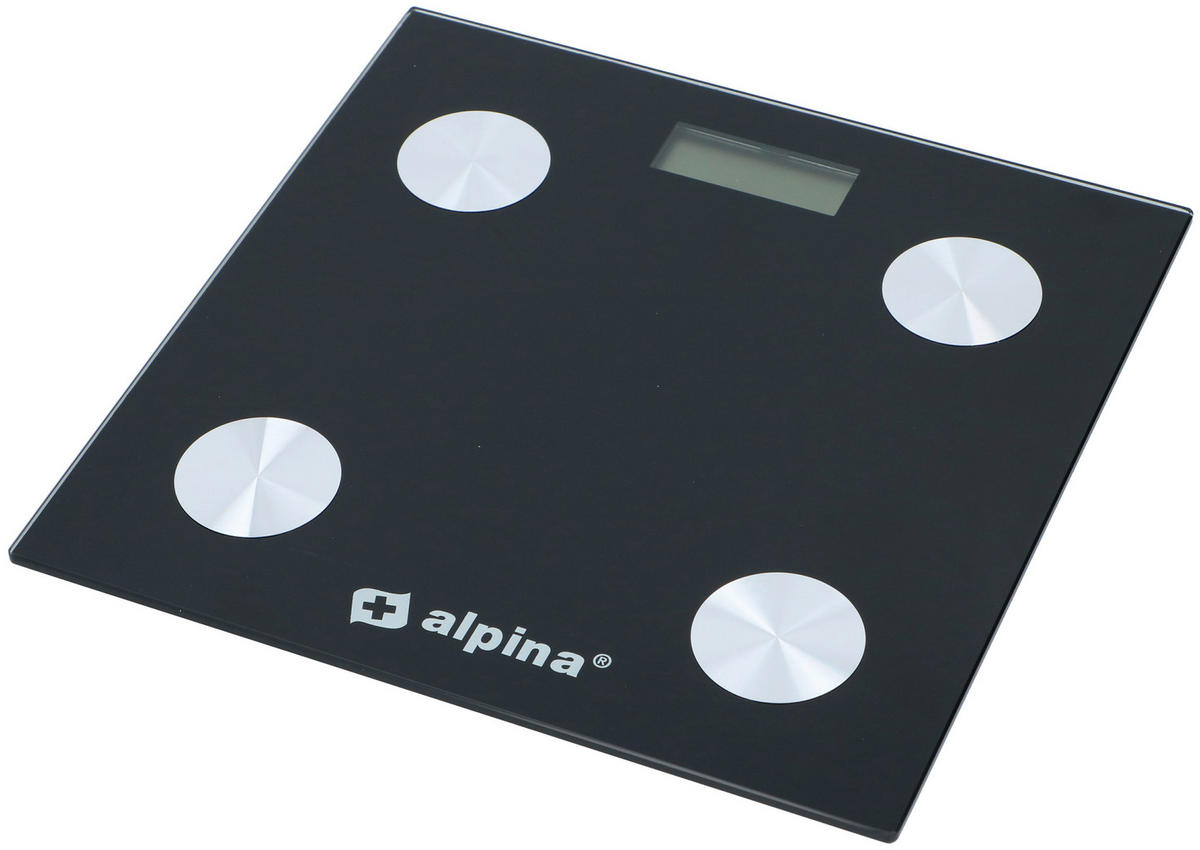 Alpina Personenwaage schwarz Edelstahl B/L: ca. 28x28 cm Bluetooth-Körperanalysewaage - schwarz (28,00/28,00cm) - Alpina