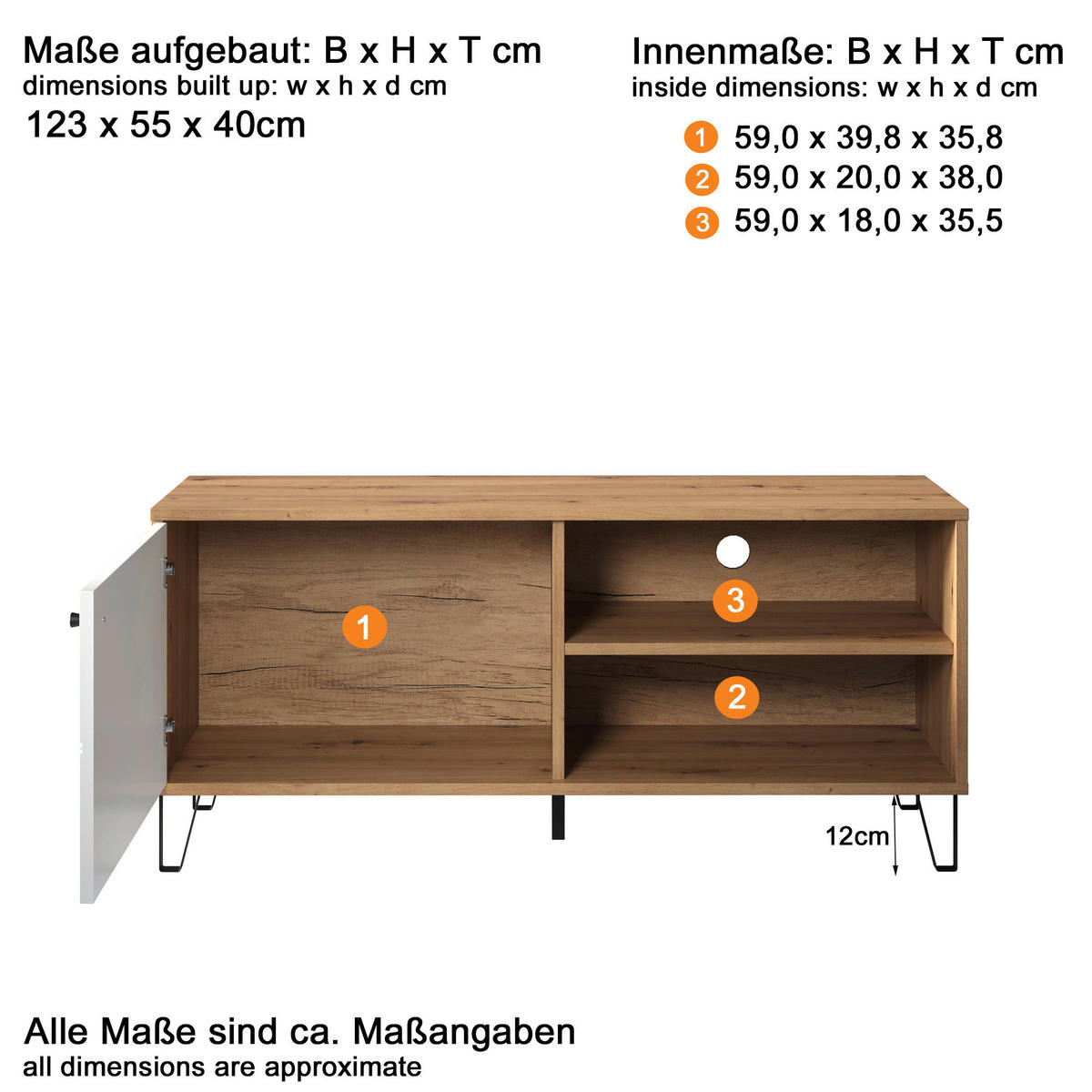 TV-Lowboard Touch weiß matt Eiche Artisan Nachbildung B/H/T: ca. 123x56x40 cm Touch - Eiche/weiß (123,00/56,00/40,00cm) - Trendteam