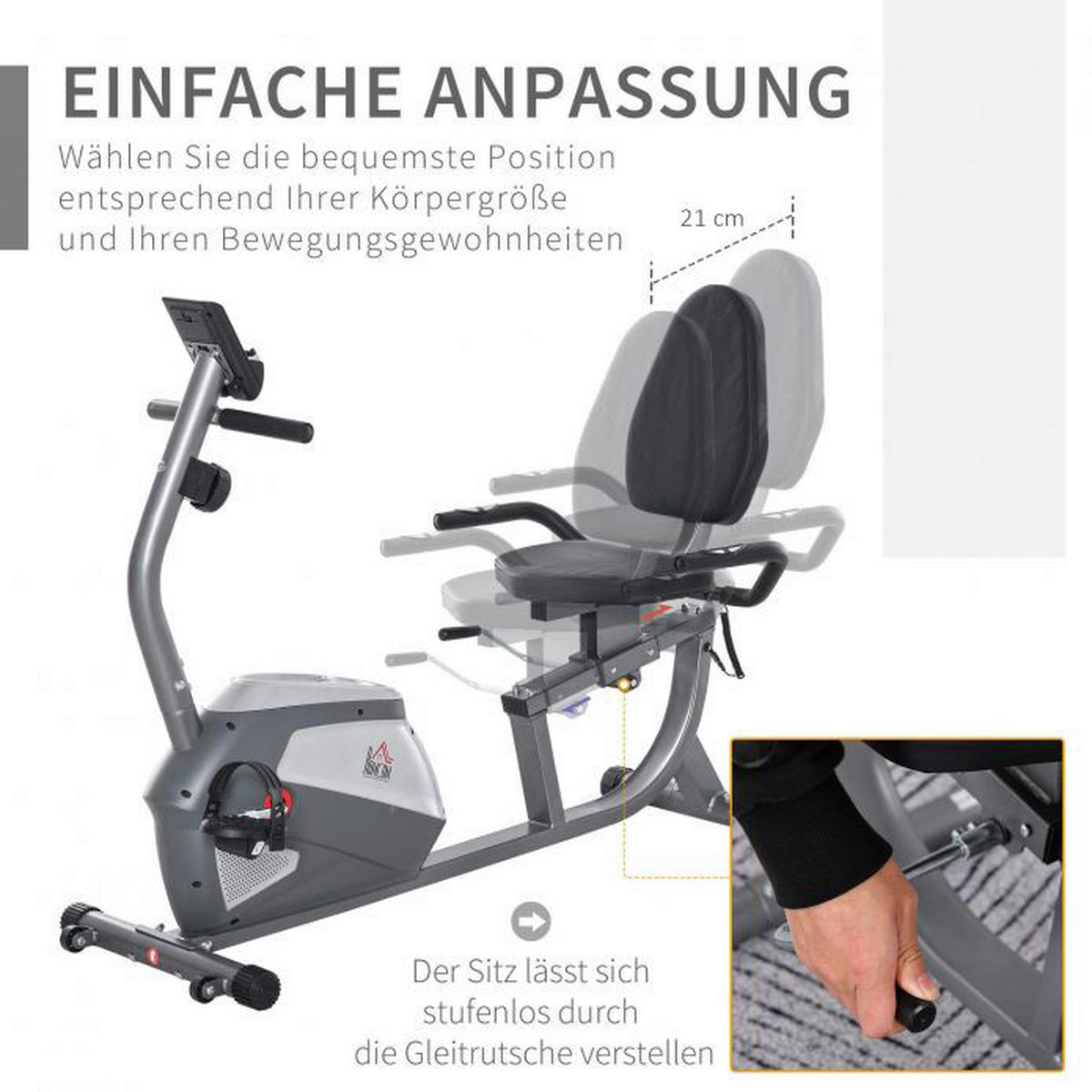 HOMCOM Liegeergometer grau Metall B/H/L: ca. 62,5x38x136 cm Liegeergometer - silber/grau (136,00/62,50/38,00cm) - HOMCOM