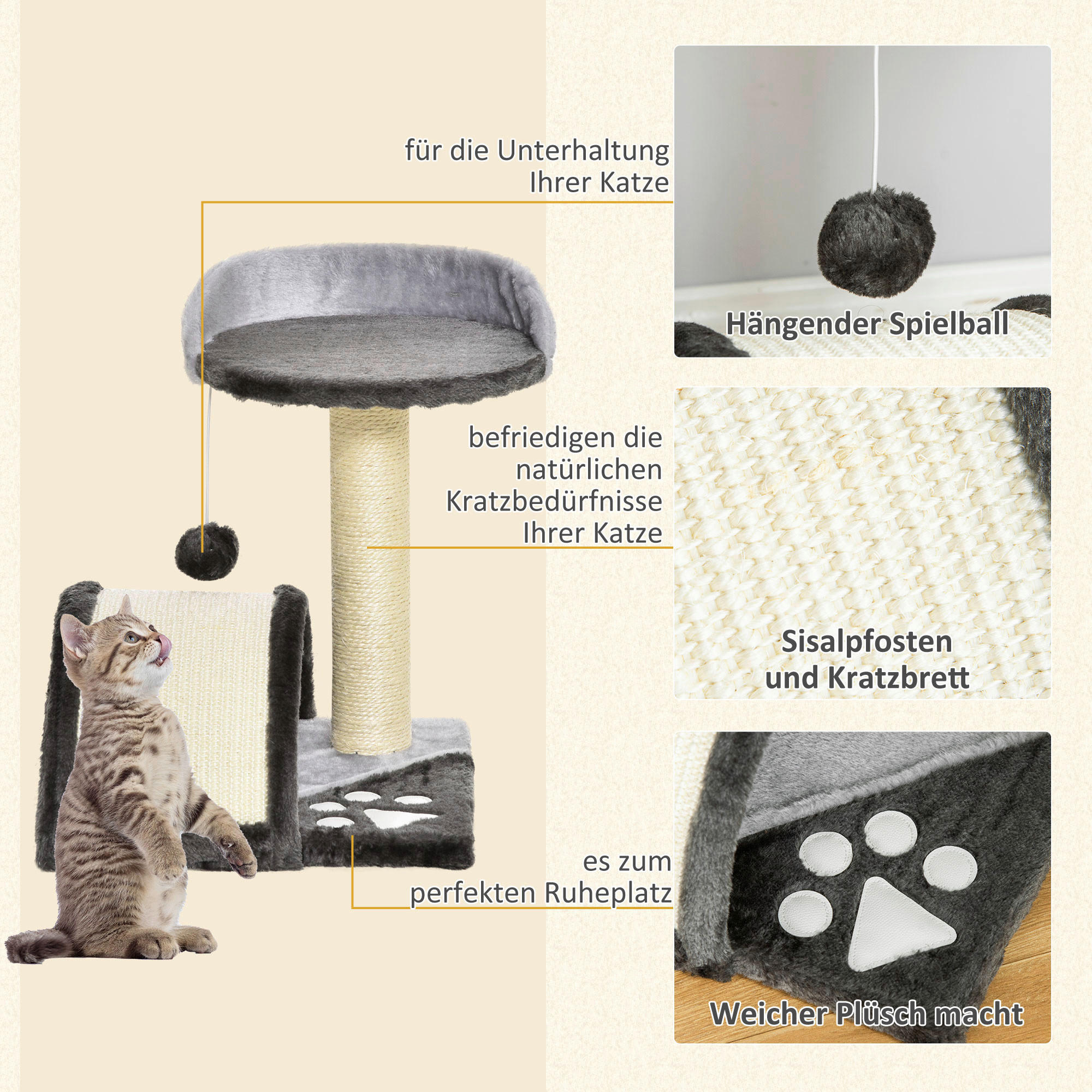 PawHut Katzenbaum grau Sisal B/H/L: ca. 36x44x36 cm Katzenbaum - grau (36,00/36,00/44,00cm) - PawHut