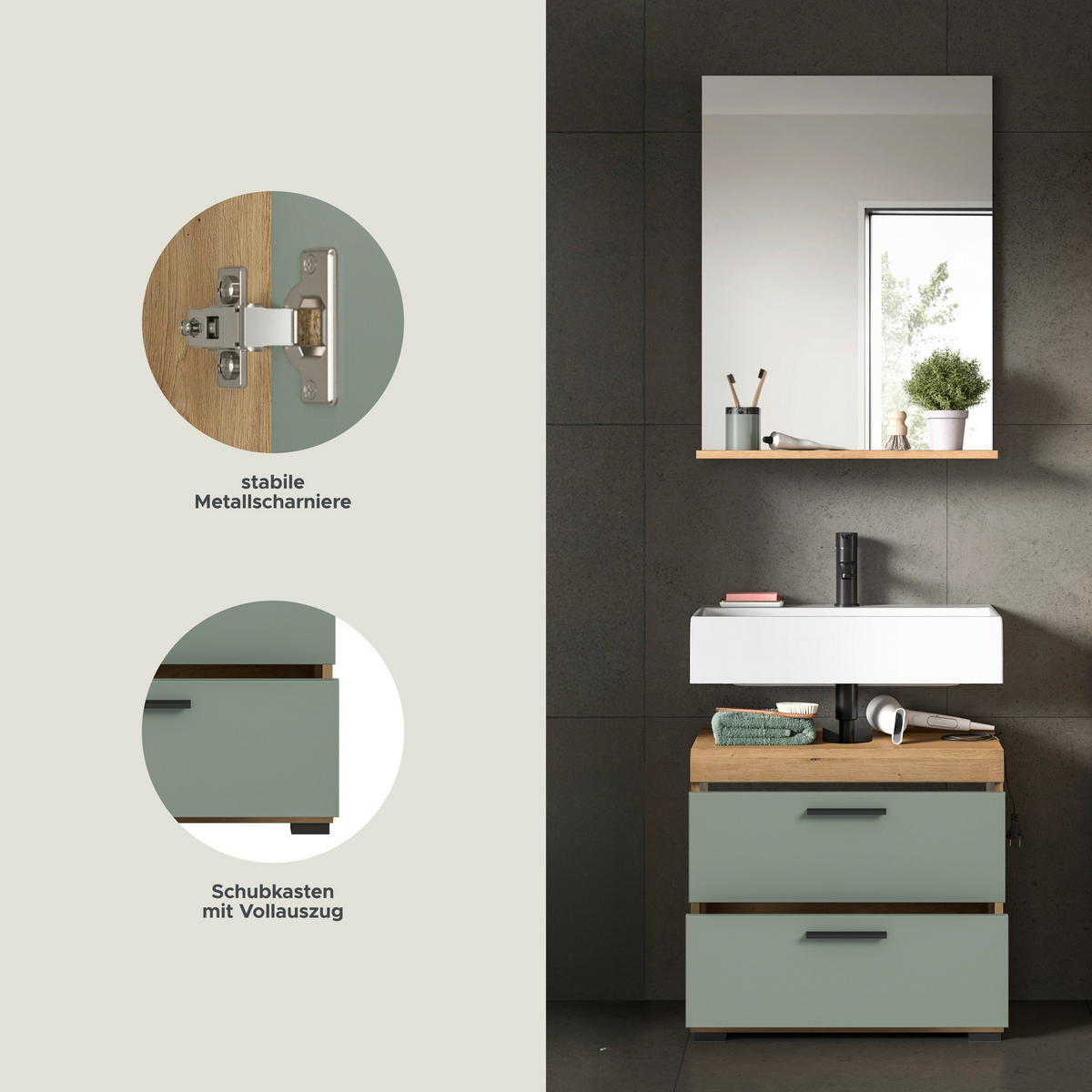 Badezimmer-Set Scout Eiche Artisan Nachbildung salbei Nachbildung B/H/T: ca. 60x191x37 cm Scout - Eiche/salbei (60,00/191,00/37,00cm) - xonox.home