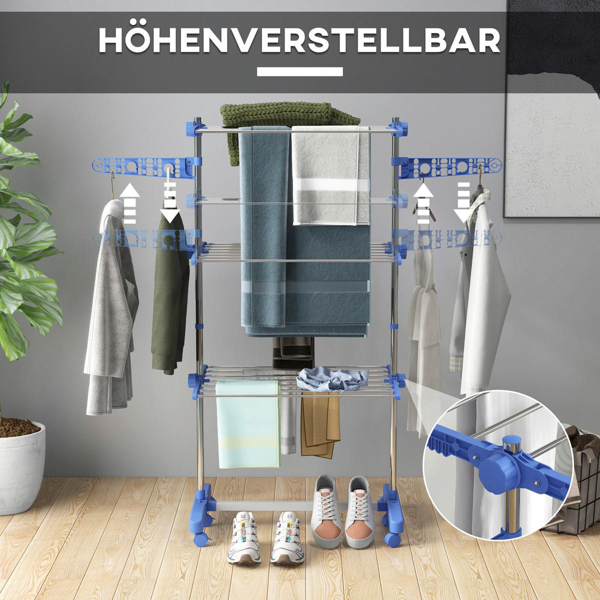 HOMCOM Wäscheständer blau Kunststoff B/H/L: ca. 55x142x152 cm Trockenständer - blau (152,00/55,00/142,00cm) - HOMCOM