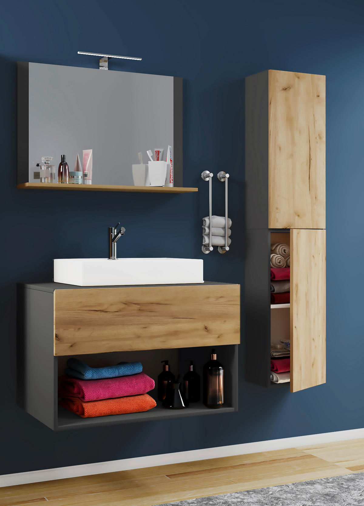 Waschplatz 4tlg-Lendas anthrazit Eiche Honig Nachbildung weiß B/H/T: ca. 80x150x52 cm 4tlg-Lendas - Eiche/weiß (80,00/150,00/52,00cm) - VCM Möbel
