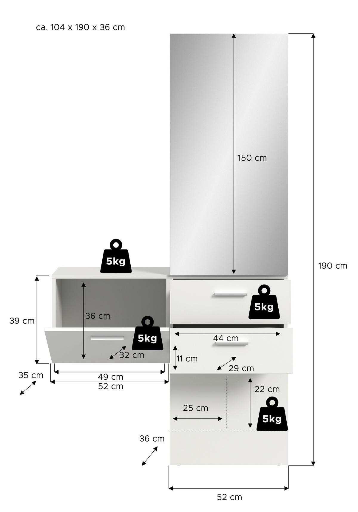 Garderobe VAGA weiß B/H/T: ca. 104x190x36 cm VAGA - weiß (104,00/190,00/36,00cm) - xonox.home