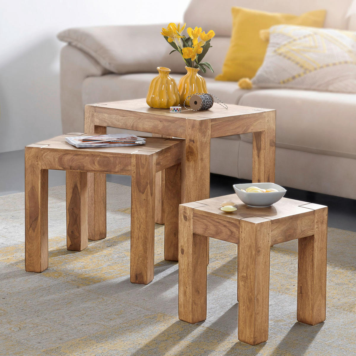 Beistelltisch 3er-Set natur Akazie 3er-Set - natur - Wohnling