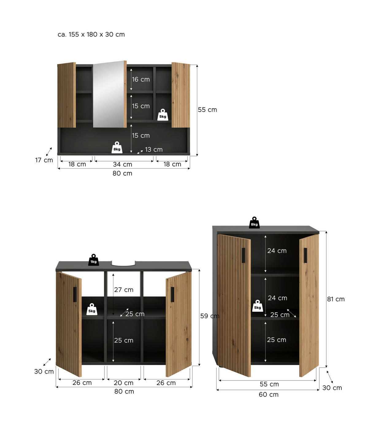 Badezimmer-Set Mone Basalt Nachbildung Artisan Oak Nachbildung B/H/T: ca. 155x180x30 cm Mone - Basalt (155,00/180,00/30,00cm) - xonox.home