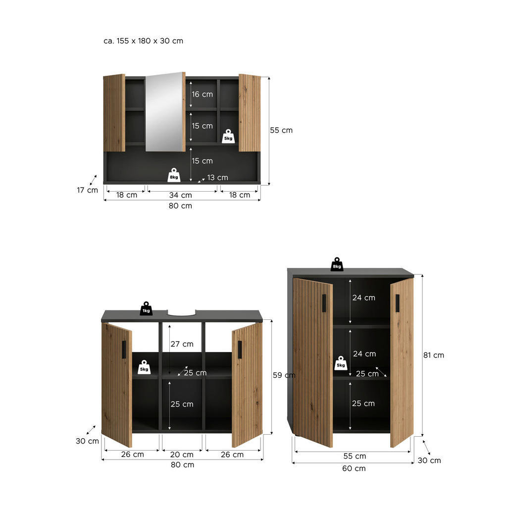Thumbnail - Badezimmer-Set Mone Basalt Nachbildung Artisan Oak Nachbildung B/H/T: ca. 155x180x30 cm