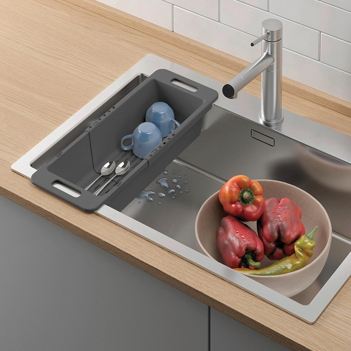 Metaltex Haushaltshelfer grau Kunststoff B/H/L: ca. 18x37,8x10 cm Spülkorb_Drain-Flex - grau (10,00/18,00/37,80cm) - Metaltex