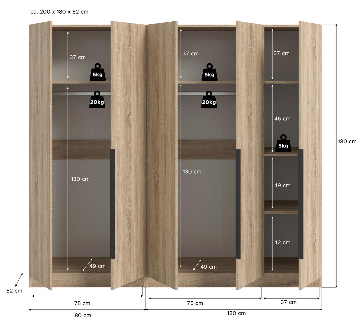 Kleiderschrank KOPENHAGEN Eiche Sonoma Nachbildung B/H/T: ca. 200x181x52 cm KOPENHAGEN - Eiche (200,00/181,00/52,00cm) - xonox.home