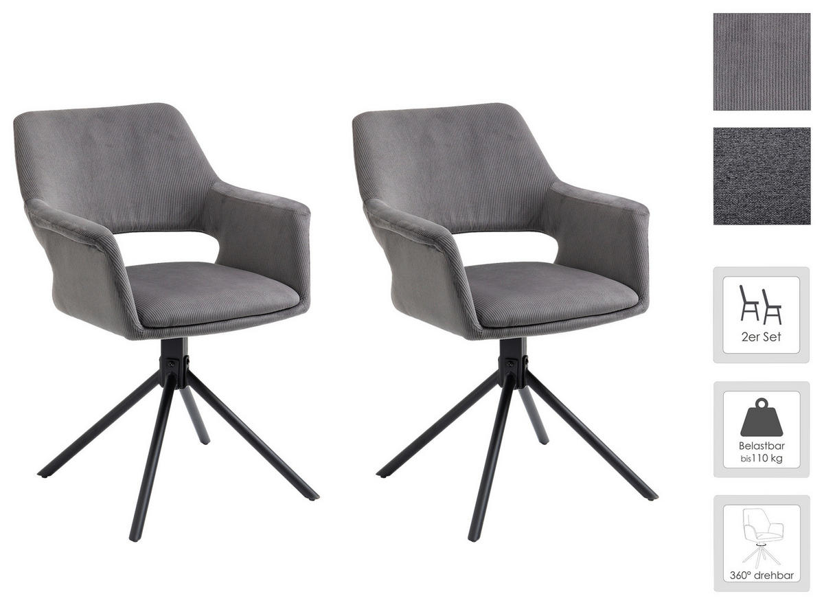 Stuhl ELEONORE 2er-Set grau schwarz Stoff Metall B/H/T: ca. 57x84x61 cm ELEONORE 2er-Set - schwarz/grau (57,00/84,00/61,00cm) - byLIVING