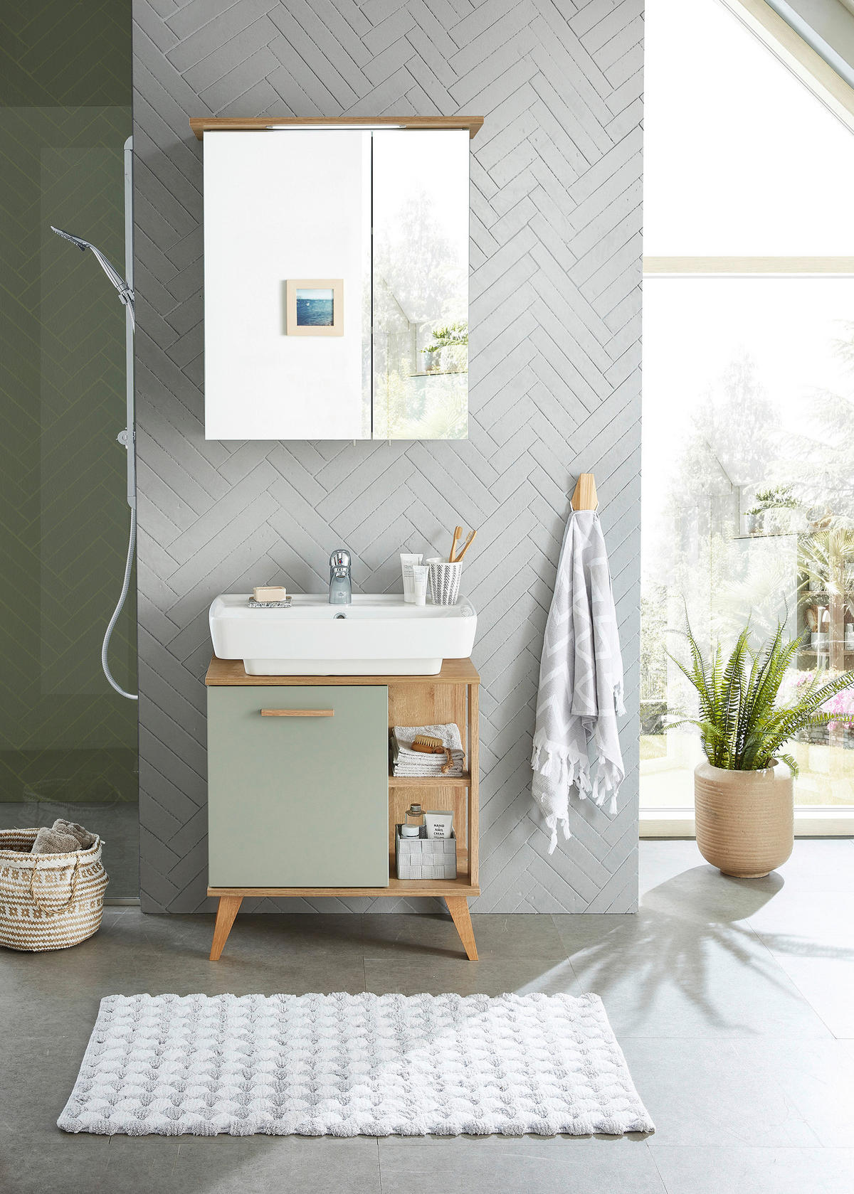 Badezimmer-Set Quickset 963 salbei Nachbildung Eiche Riviera Nachbildung B/H/T: ca. 60,5x200x33 cm Quickset 963 - Eiche/salbei (60,50/200,00/33,00cm) - Pelipal