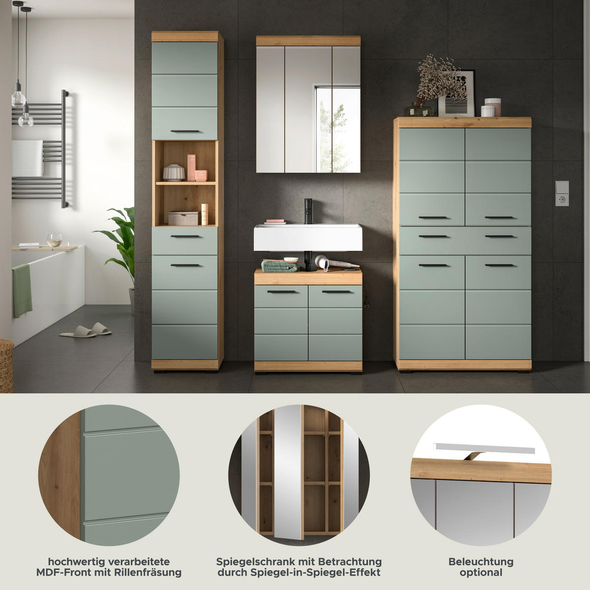 Badezimmer-Set Scout Eiche Artisan Nachbildung salbei Nachbildung B/H/T: ca. 186x191x34 cm Scout - Eiche/salbei (186,00/191,00/34,00cm) - xonox.home
