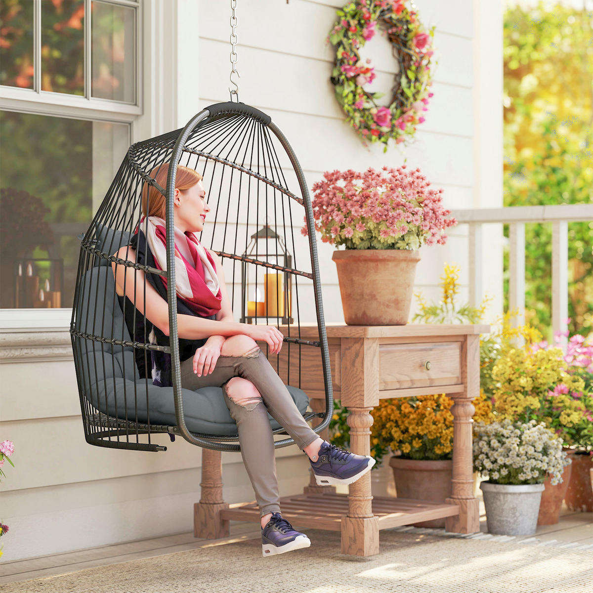 Outsunny Hängestuhl dunkelgrau Polyethylen B/H/L: ca. 68x105x74 cm Rattan-Hängestuhl - dunkelgrau (74,00/68,00/105,00cm) - Outsunny