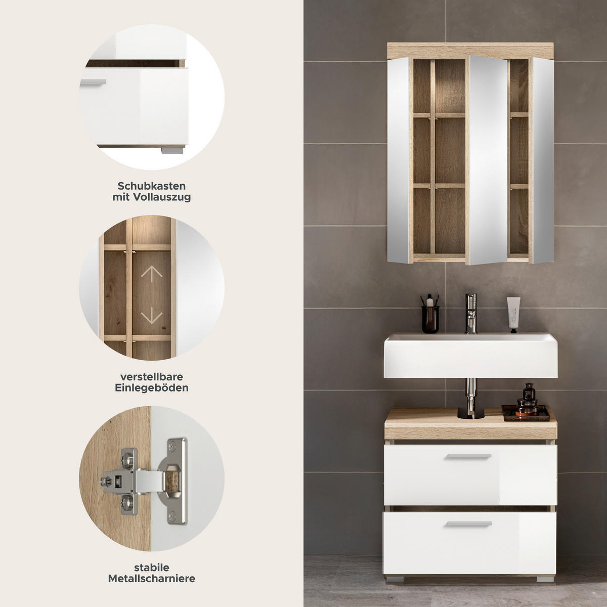 Badezimmer-Set Lambada Eiche Sonoma Nachbildung weiß Hochglanz B/H/T: ca. 60x191x37 cm Lambada - Eiche/weiß (60,00/191,00/37,00cm) - xonox.home